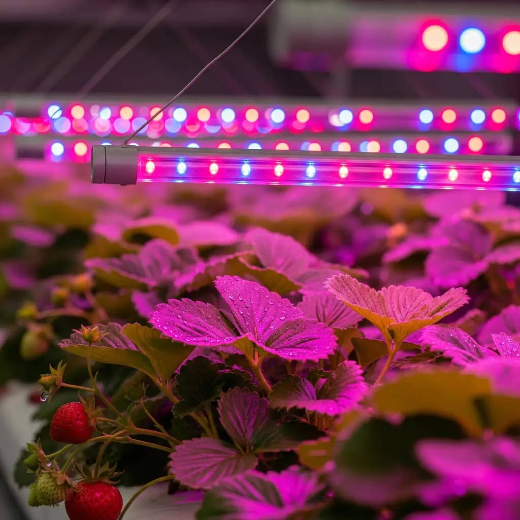 A closeup of LED grow lights hanging over hydroponic strawberry plants, showing the mix of red and blue light.