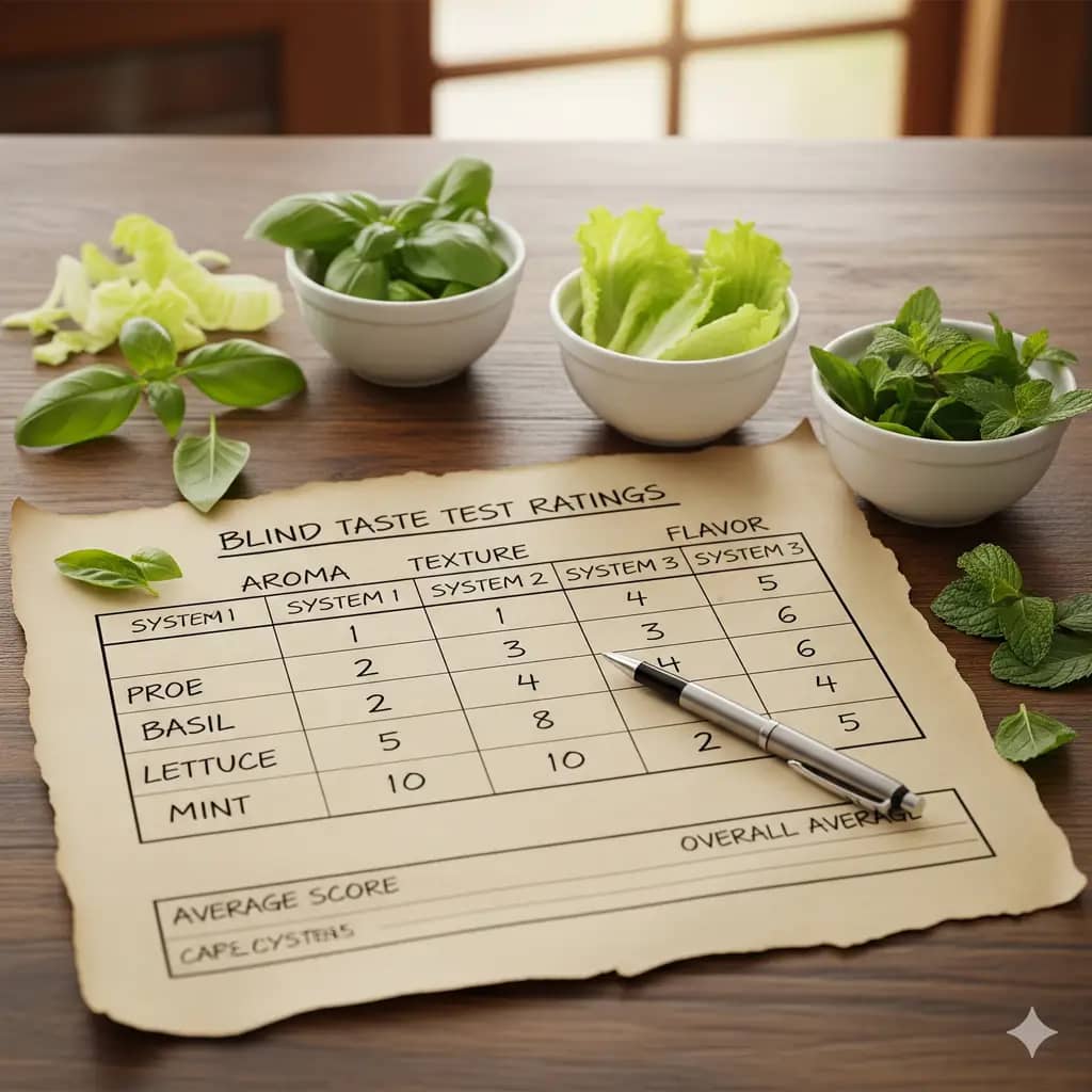 A table showing the blind taste test ratings for aroma, texture, and flavor for basil, lettuce, and mint grown in each of the three systems.