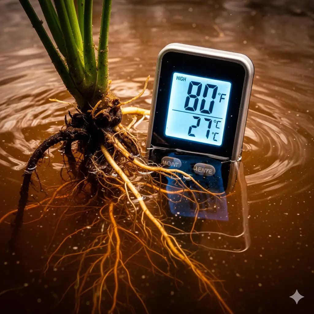 A digital thermometer showing a high hydroponic temperature in a brown, oxygen-deprived reservoir, illustrating the "5°F Death Zone."