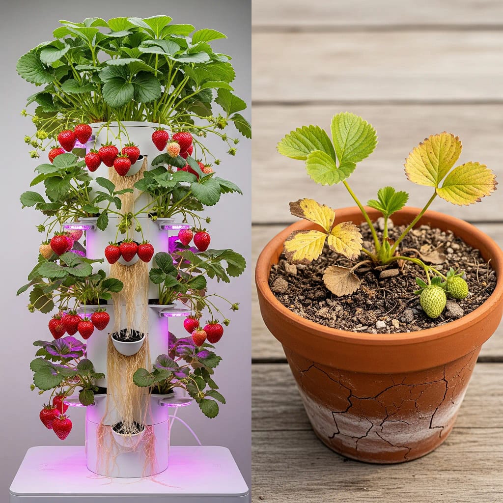 A side-by-side comparison of a lush hydroponic strawberry plant in a vertical system next to a small, struggling soil-based strawberry plant.