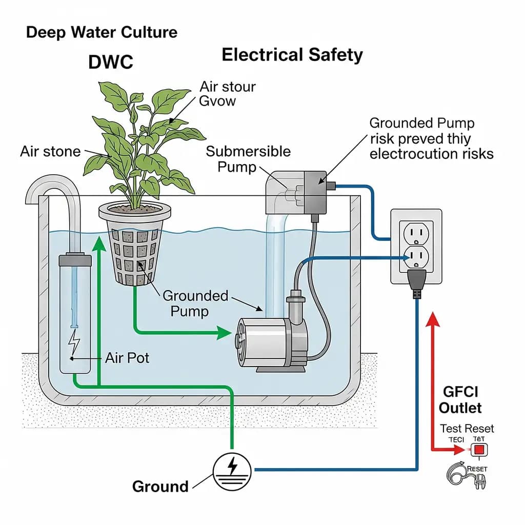 A diagram illustrating electrical safety for a DWC hydroponic system, showing a grounded pump and GFCI outlet to prevent electrocution risks.