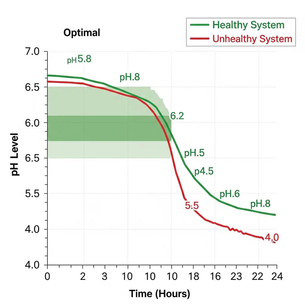 A line chart showing a healthy, minimal pH drift over a 24-hour period in a hydroponic system compared to a rapid, unhealthy pH crash.