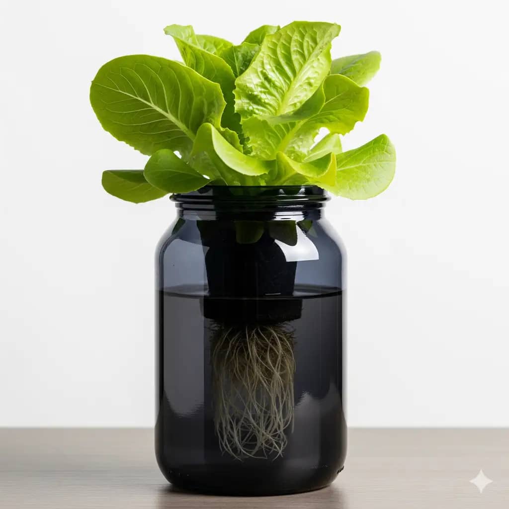 A single lettuce plant growing in a light-proof jar using the non-electric Kratky hydroponics method.