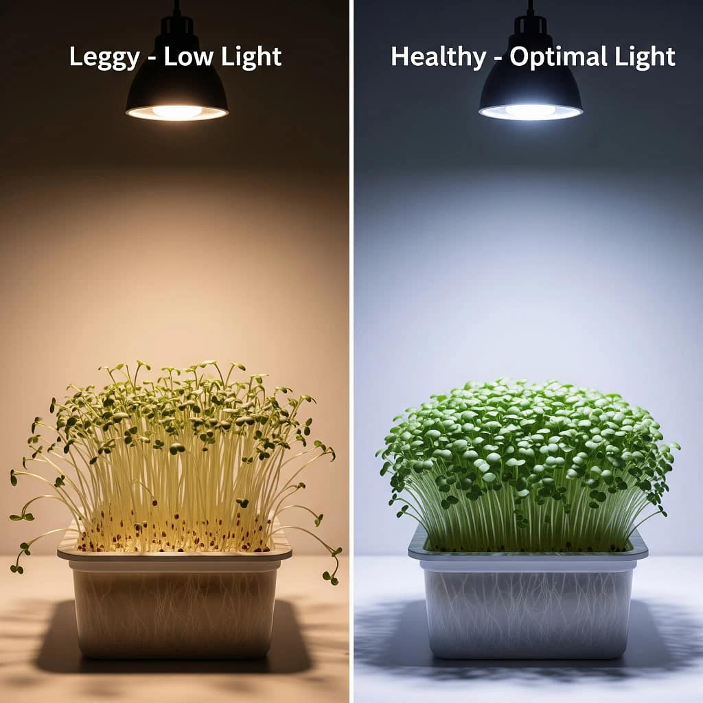 Comparison of leggy vs healthy hydroponic microgreens under different lighting conditions