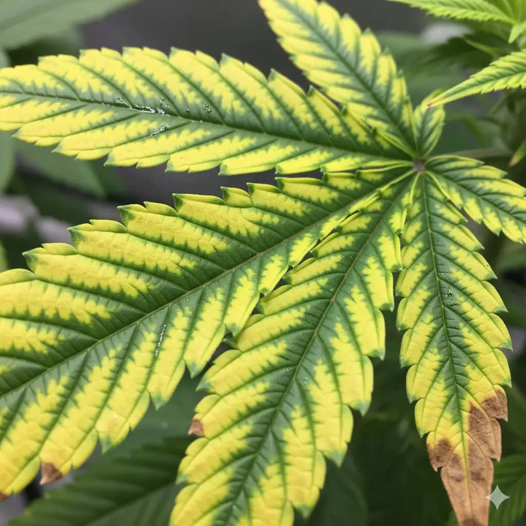 Magnesium deficiency in hydroponic cannabis | Interveinal chlorosis on older leaves