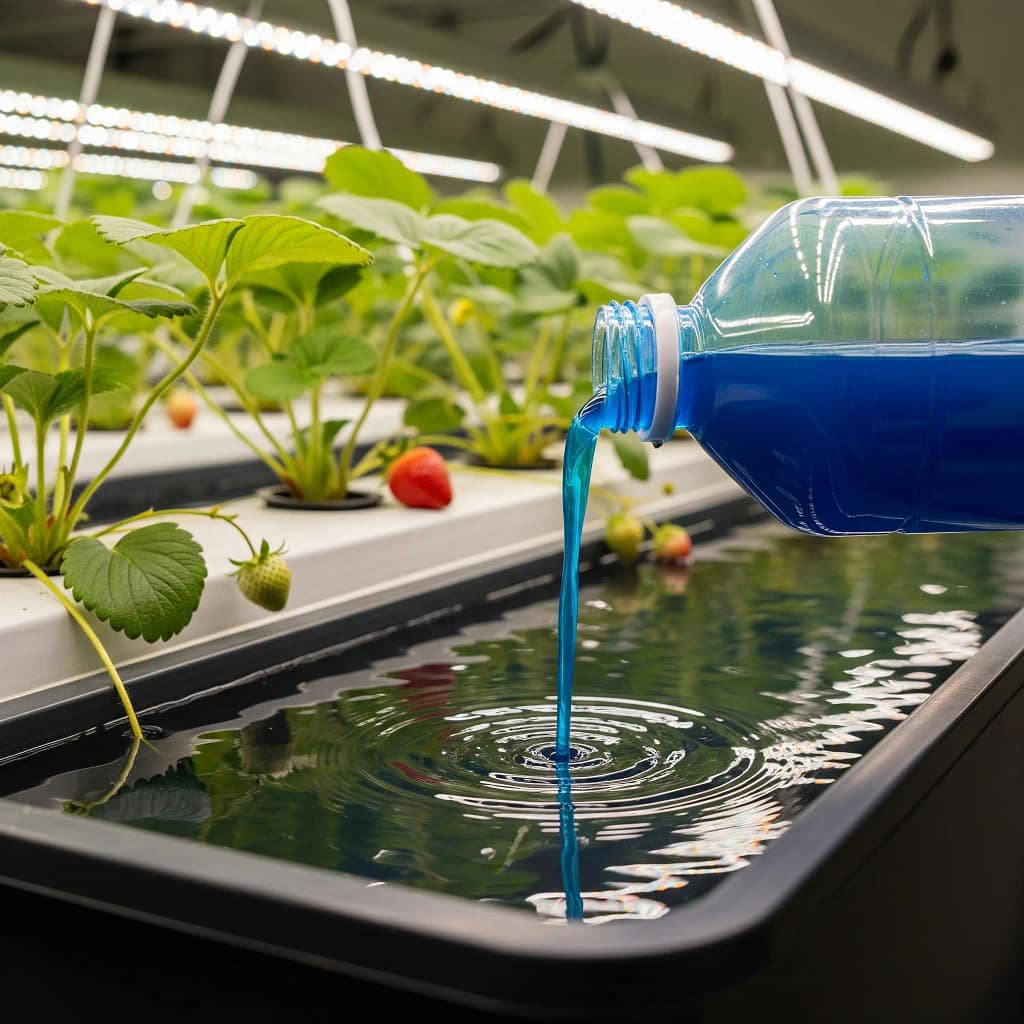 A bottle of liquid nutrient solution is being poured into a hydroponic reservoir to feed the strawberry plants.