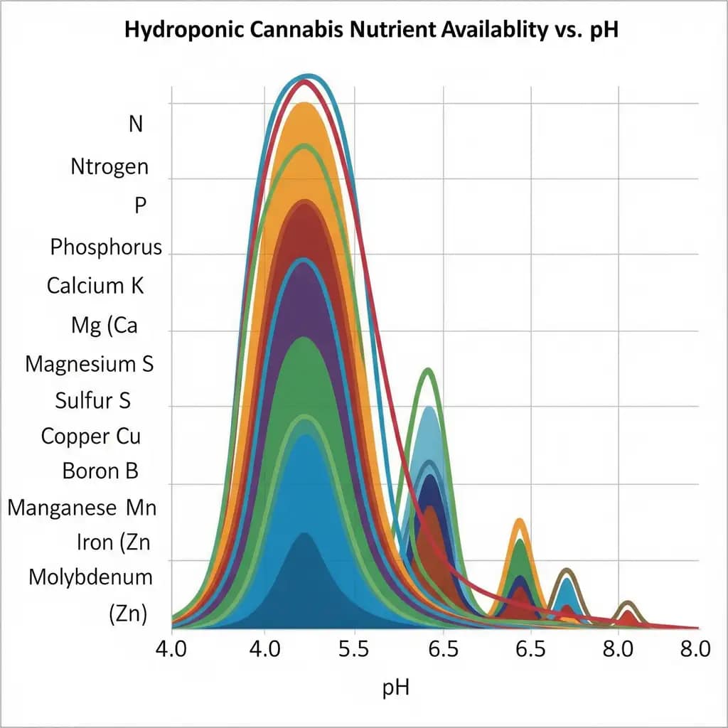 Scientific chart showing the best pH for hydroponic cannabis nutrient uptake by plotting all major nutrients availability vs. pH scale.