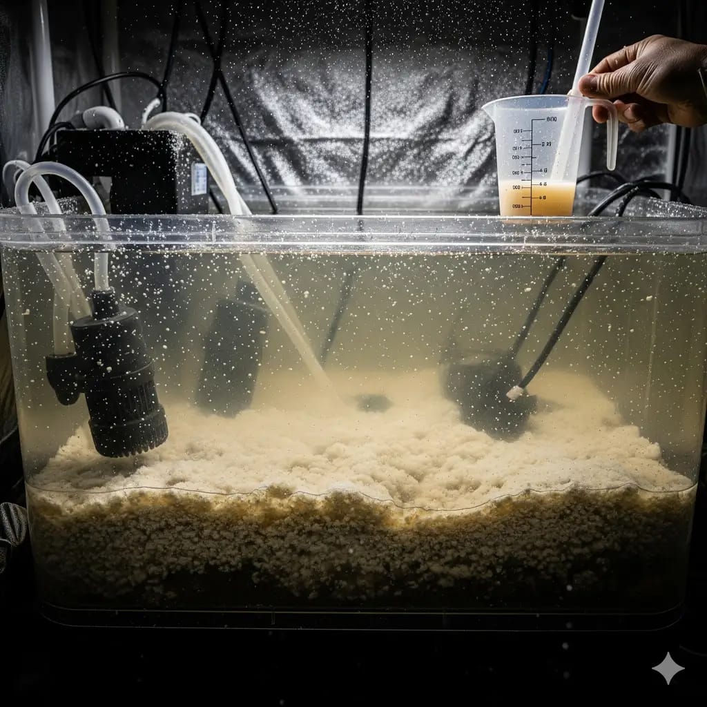 A hydroponic reservoir showing the results of a bad mixing order, with white "nutrient snow" precipitated at the bottom, indicating a loss of nutrients.