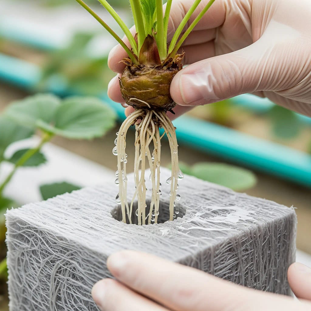 A close-up shot of a bare root strawberry crown being carefully placed into a rockwool growing medium.