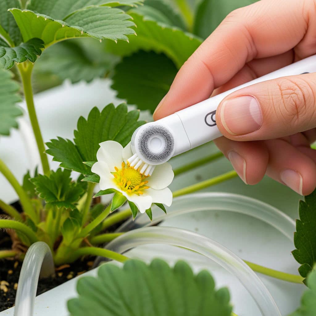 A close-up of a hand using a small electric toothbrush to gently pollinate a hydroponic strawberry flower.