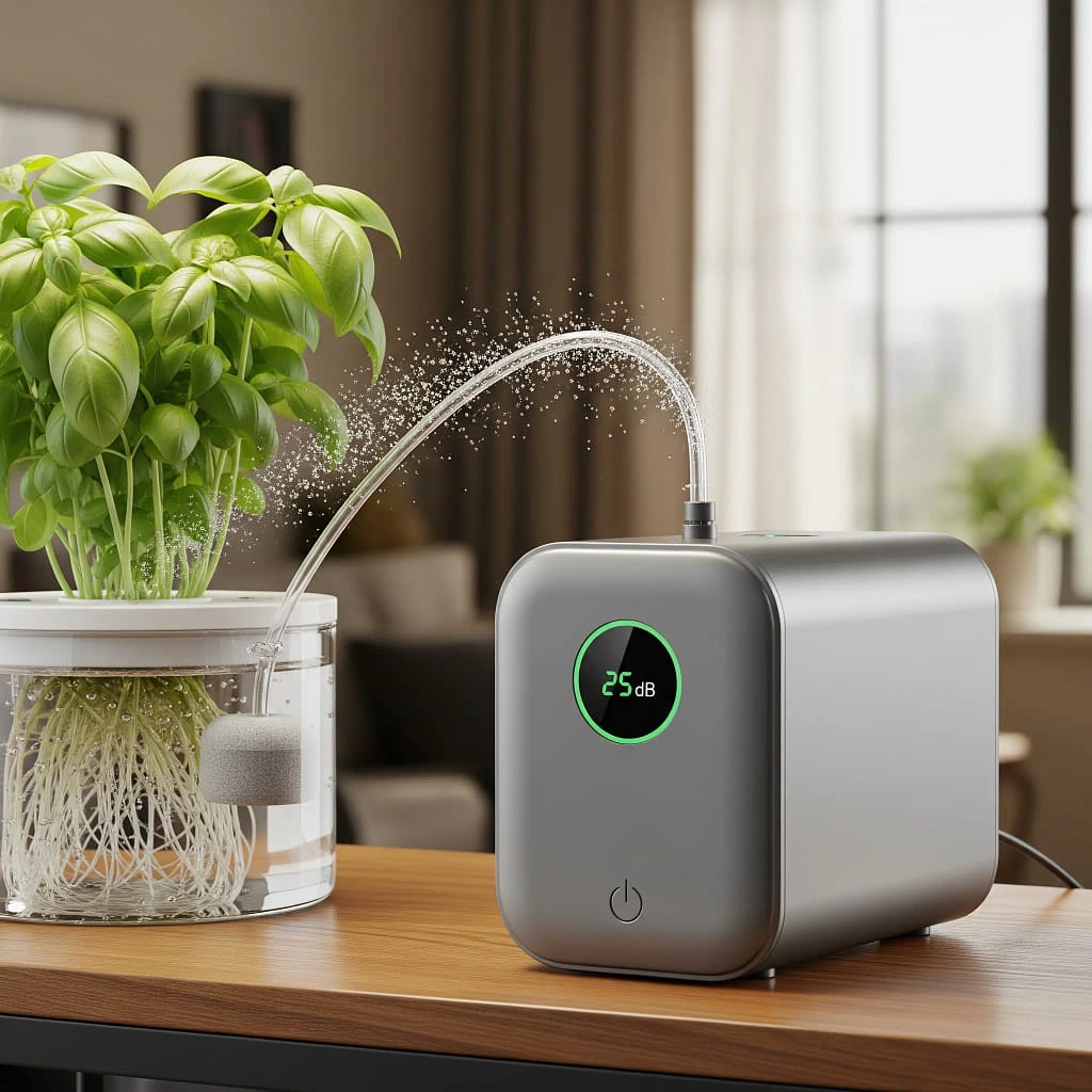 A quiet hydroponic air pump with a low decibel reading, ideal for an apartment.