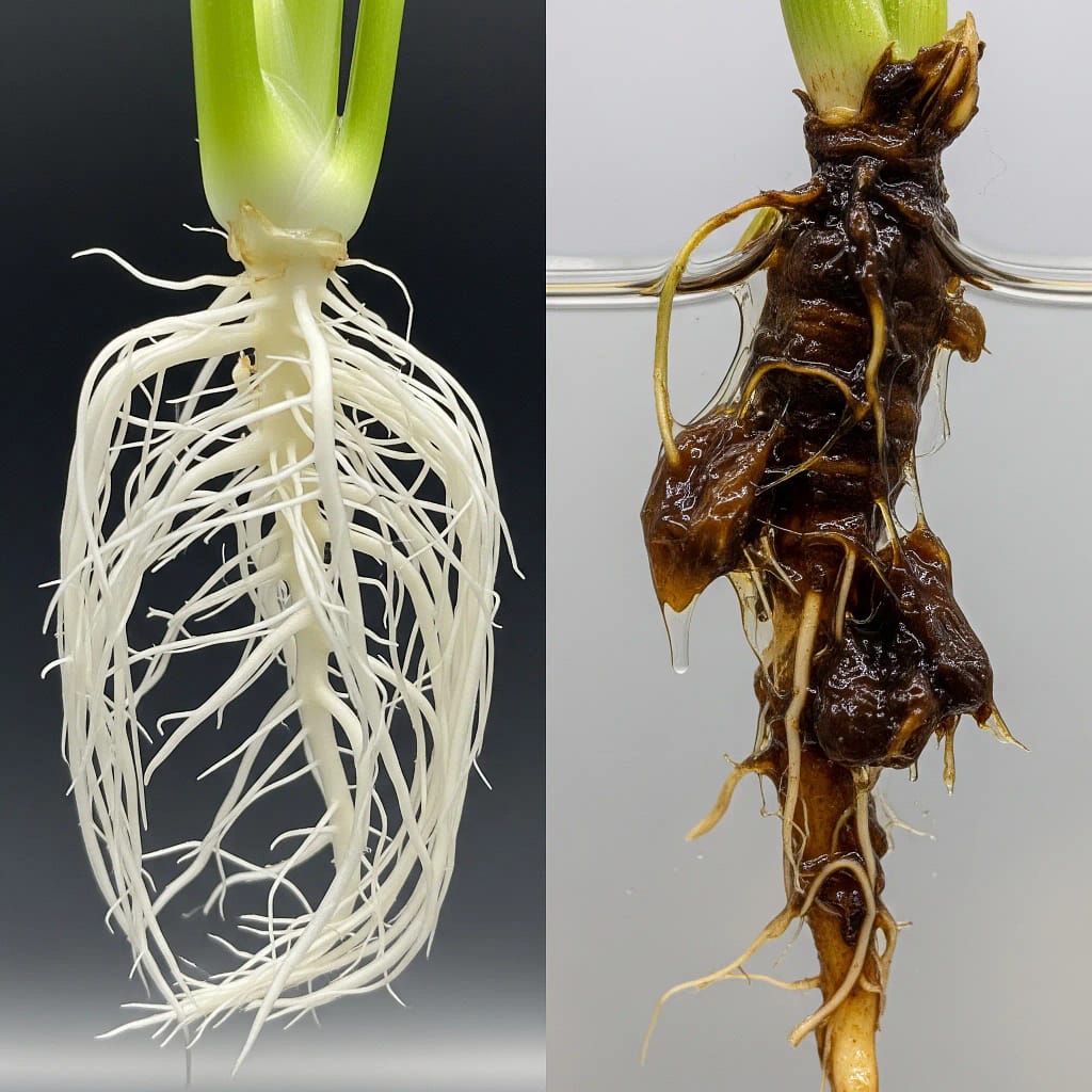 A side-by-side comparison showing a healthy, white hydroponic root next to a slimy, brown rotting root.