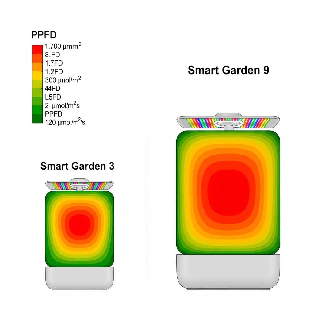 A PPFD (Photosynthetic Photon Flux Density) map illustrating the light output of the Smart Garden 3 and 9, showing how the extra LEDs in the larger model improve coverage for plants on the edges.