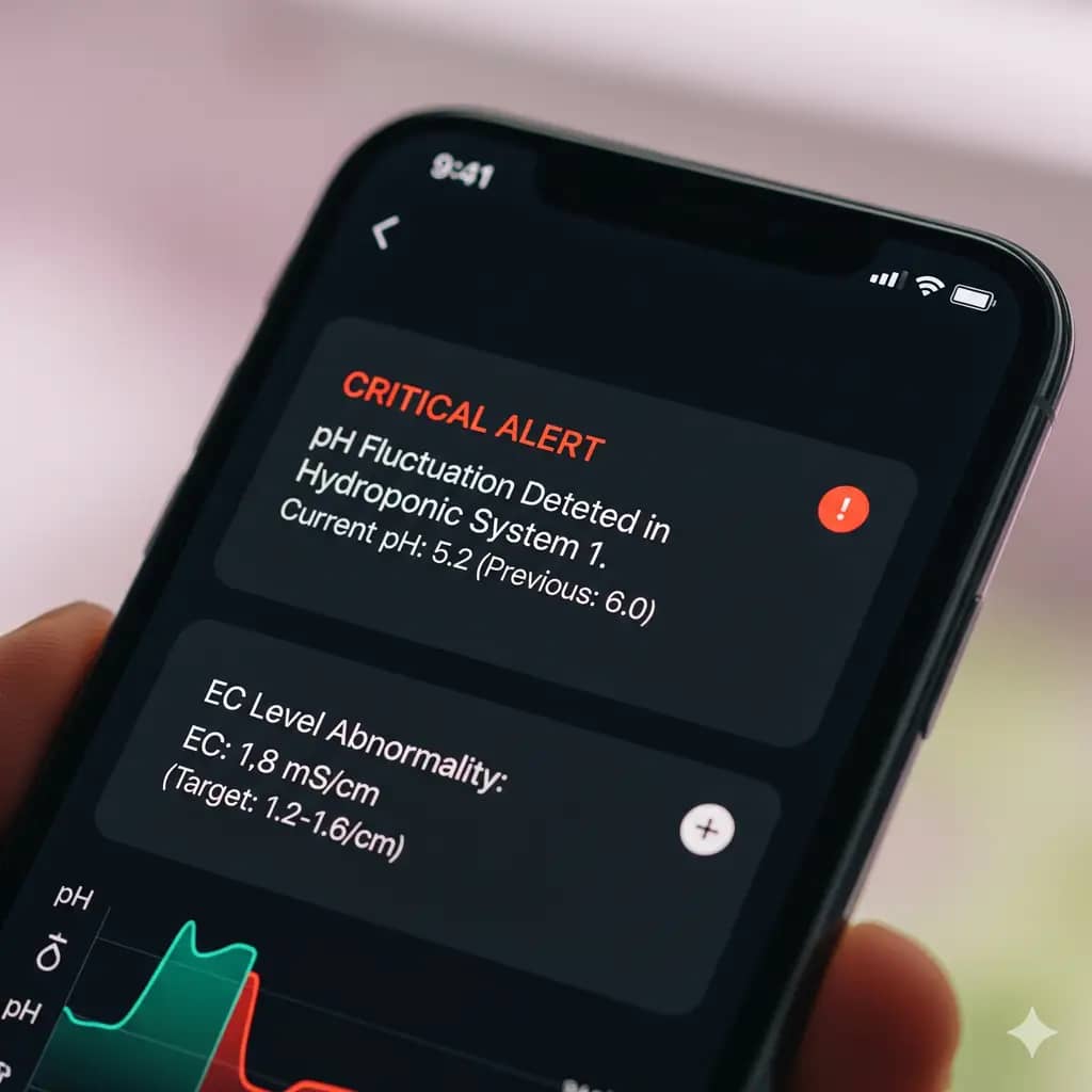 A smartphone screen displaying an SMS or app notification alerting a grower to a critical pH or EC fluctuation in their hydroponic system.