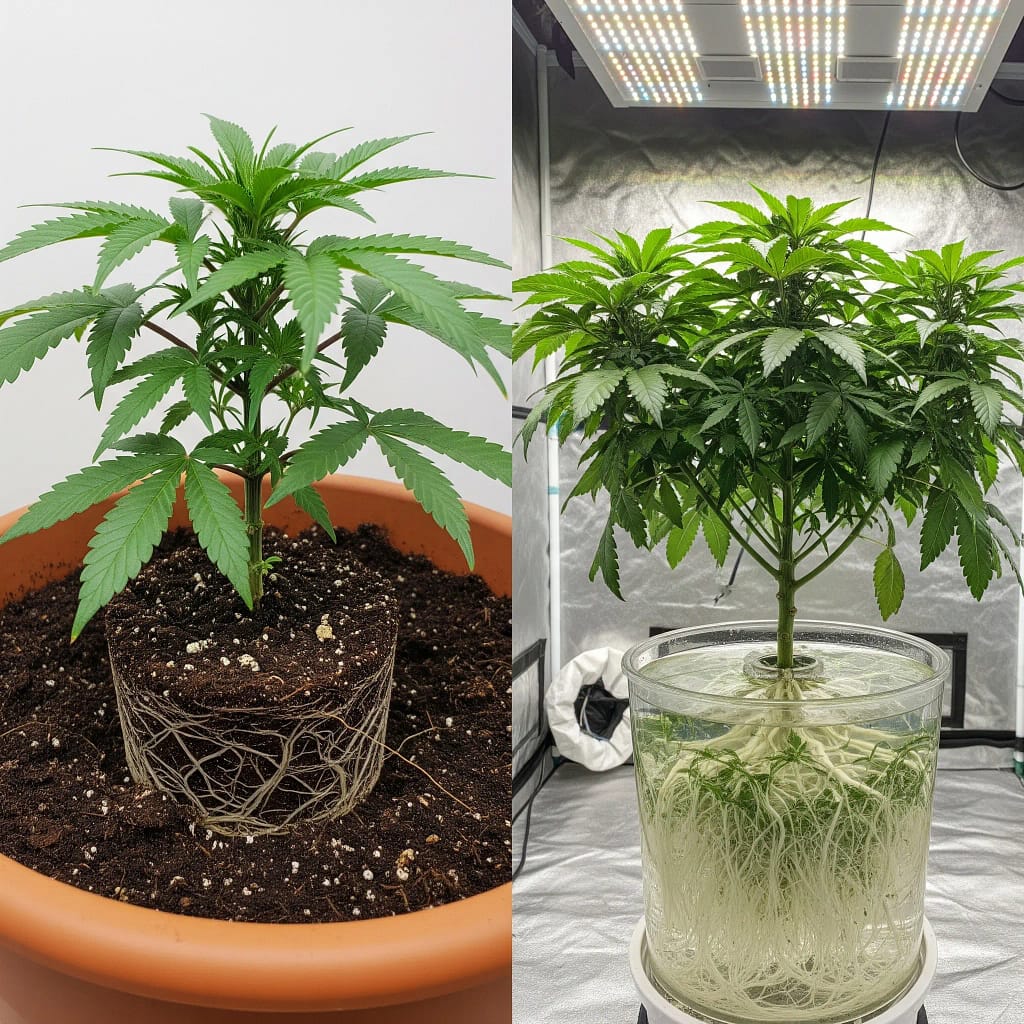A visual comparison of a plant in soil versus a plant in a hydroponic cannabis setup, highlighting the difference in growth.