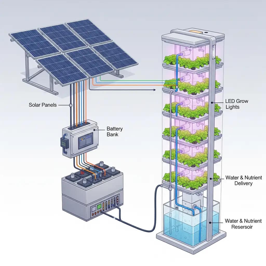 A detailed diagram of a solar-powered vertical farm system, showing solar panels, a battery bank, and a vertical tower.