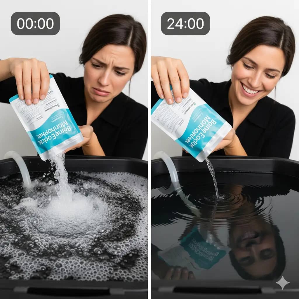 A visual guide demonstrating the correct timing for dosing beneficial microbes after a hydrogen peroxide flush in a hydroponic system.
