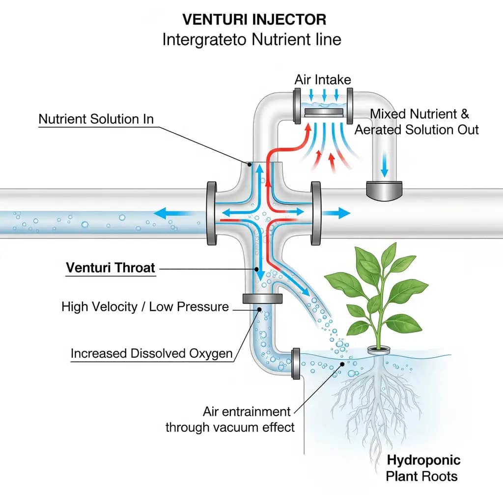 A technical diagram showing how a Venturi injector pulls air into a nutrient line to increase dissolved oxygen levels for hydroponic plant roots.