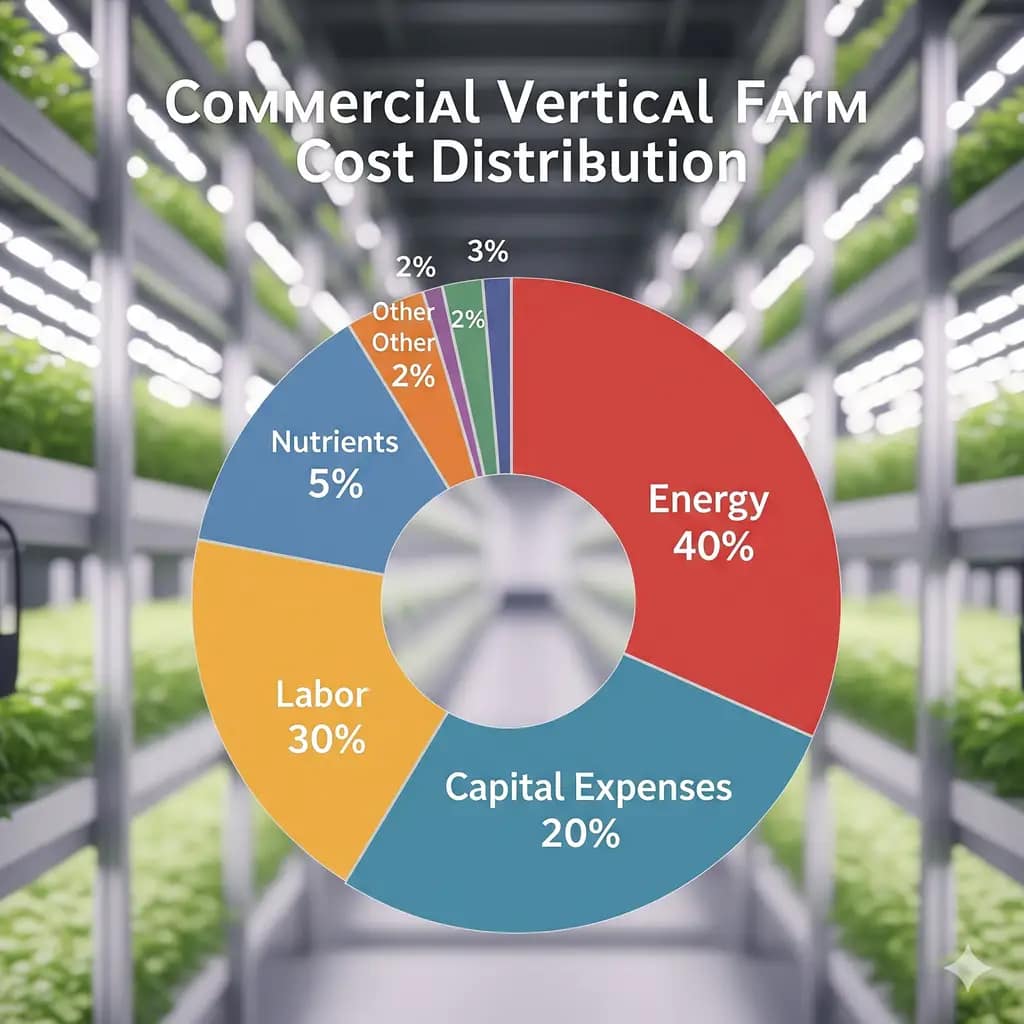 A pie chart showing the cost distribution of a commercial vertical farm, highlighting energy, labor, and capital expenses.