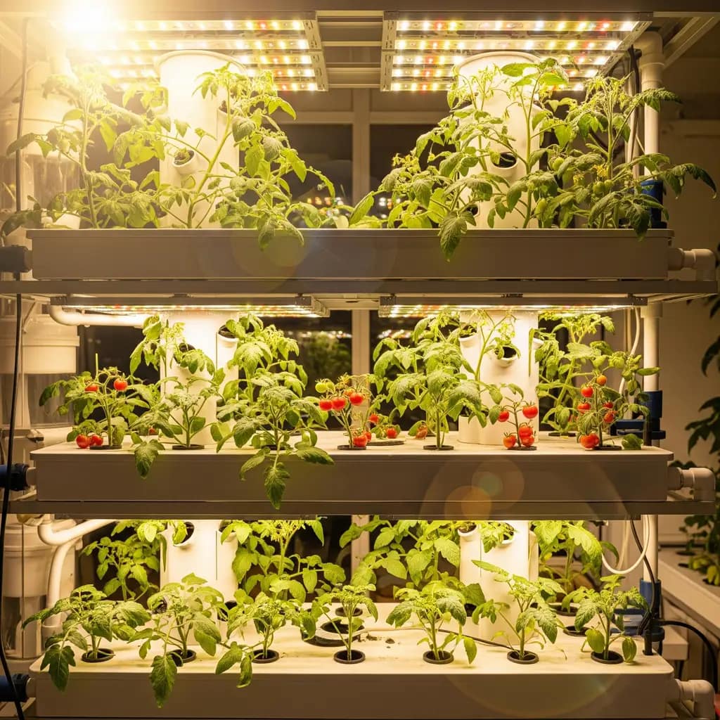  A vibrant, productive vertical hydroponic system with small tomato plants.