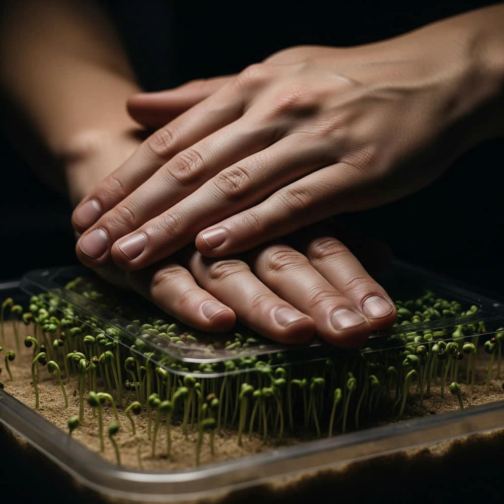 Applying gentle pressure to hydroponic microgreens during the blackout germination phase