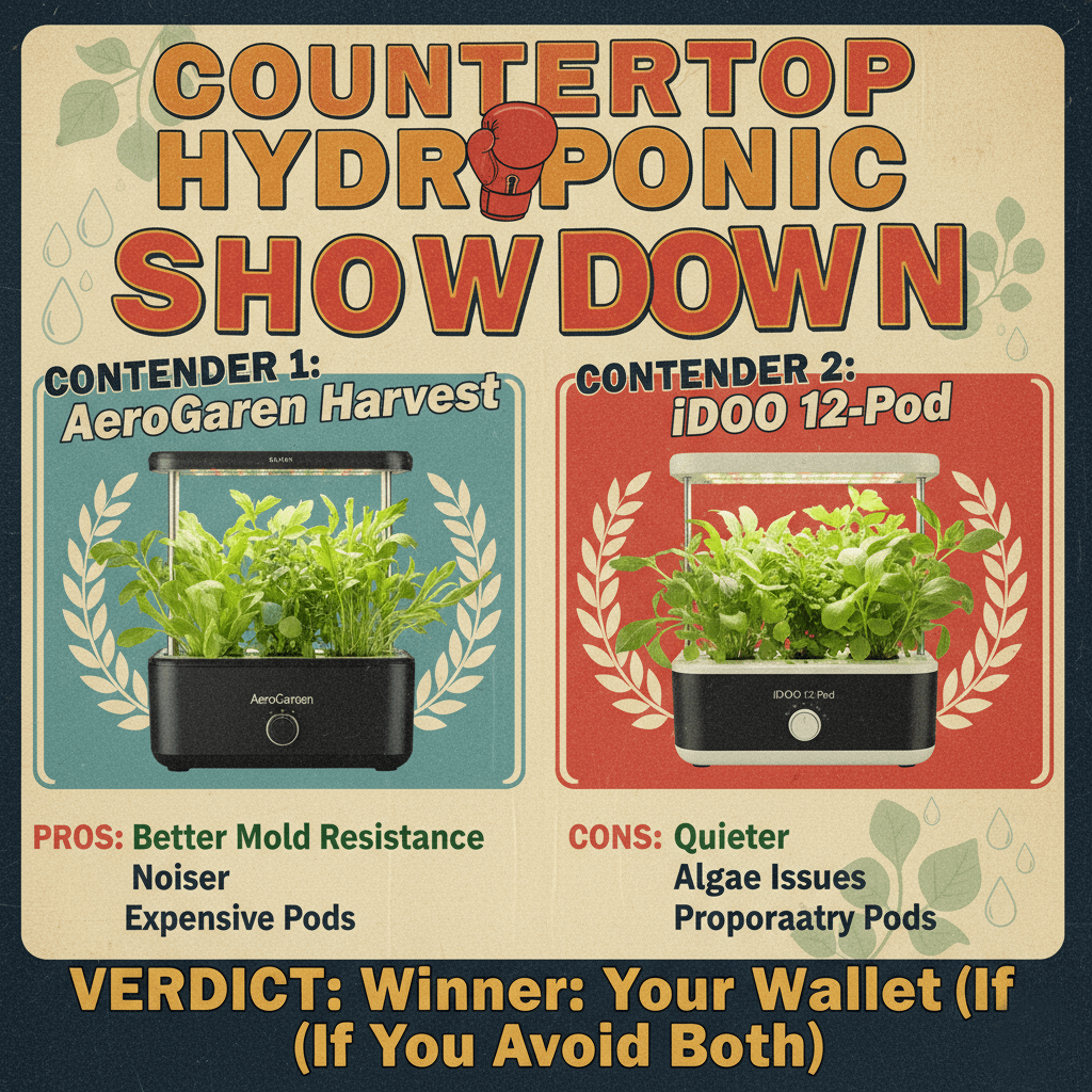 Infographic comparing AeroGarden and iDOO hydroponic kits on noise, mold, and pod cost.