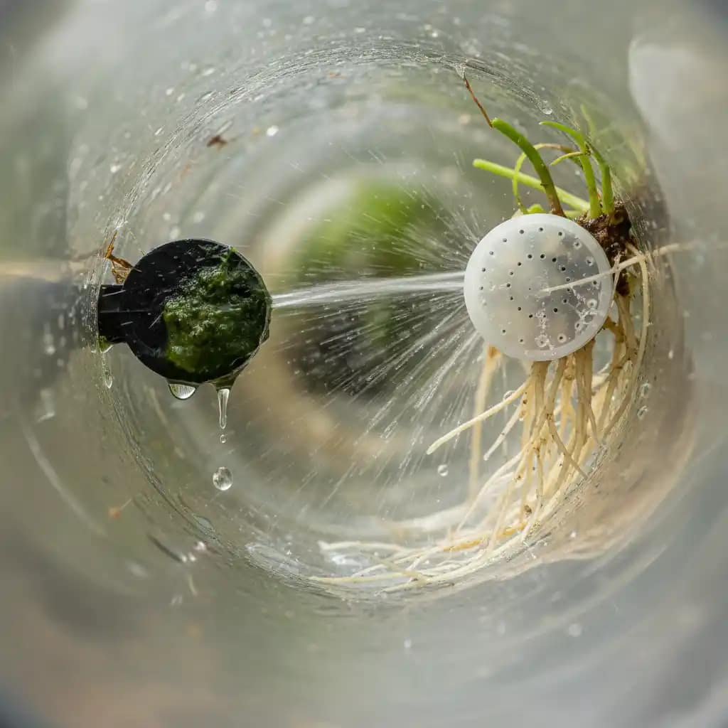 Close-up comparison of a clogged hydroponic dripper and a well-functioning spray ring emitter.