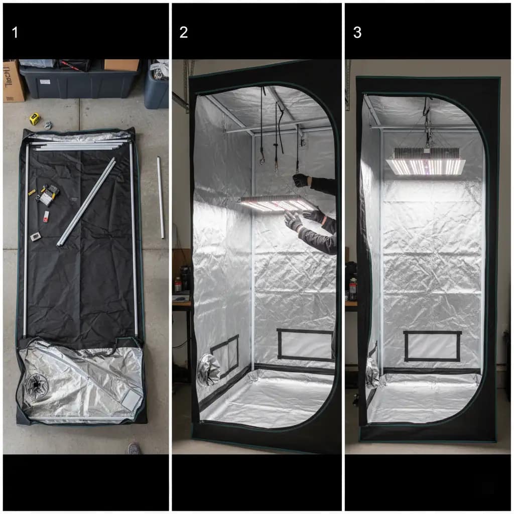 Step-by-step photos showing the easy method of assembling a grow tent by laying it on its back first.