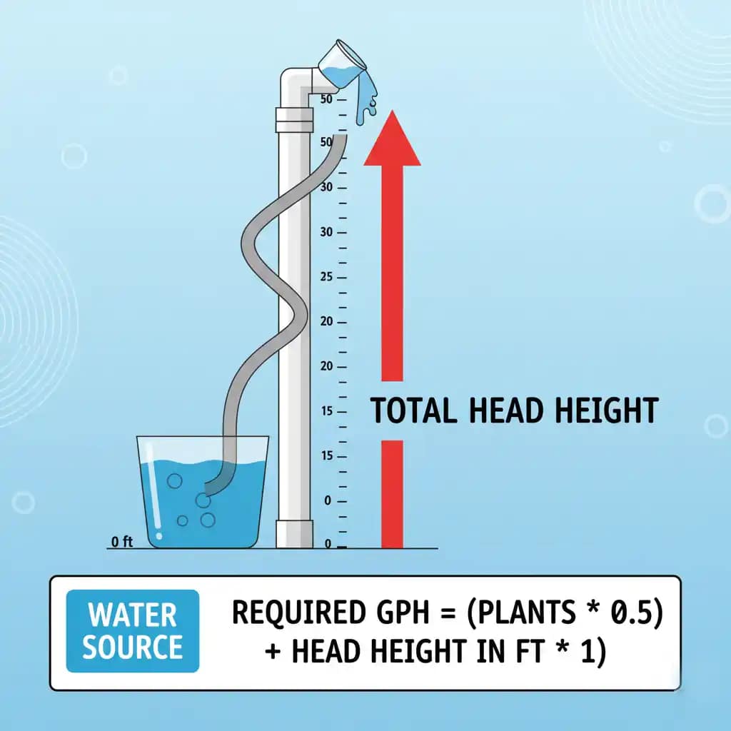 Infographic explaining how to measure total head height and calculate GPH for a hydroponic water pump.