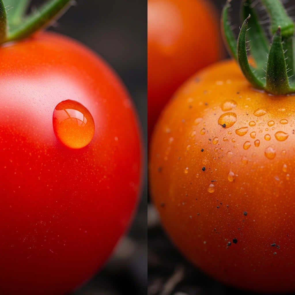 A close-up of a vibrant, perfectly ripe red cherry tomato grown hydroponically, emphasizing its superior flavor and sugar content compared to a duller, soil-grown tomato.