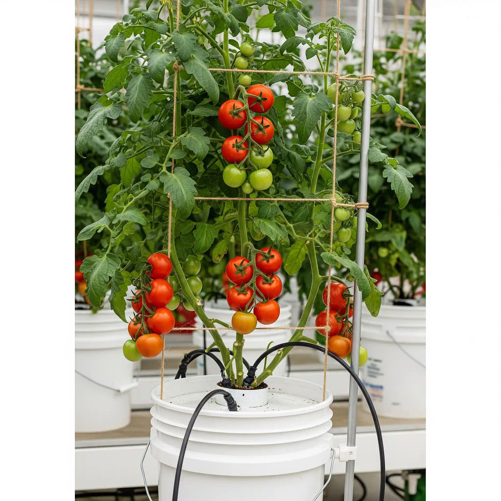 A realistic photo of a large, healthy tomato plant growing vertically in a Dutch bucket system with perlite medium, showing the drip irrigation and trellis support.