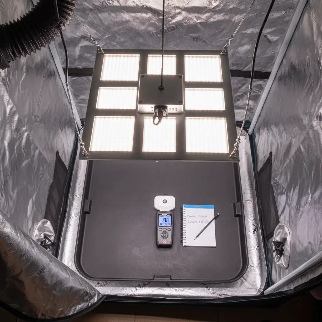 Using a PAR meter to measure PPFD light intensity inside a small 2x2 foot hydroponic tent.