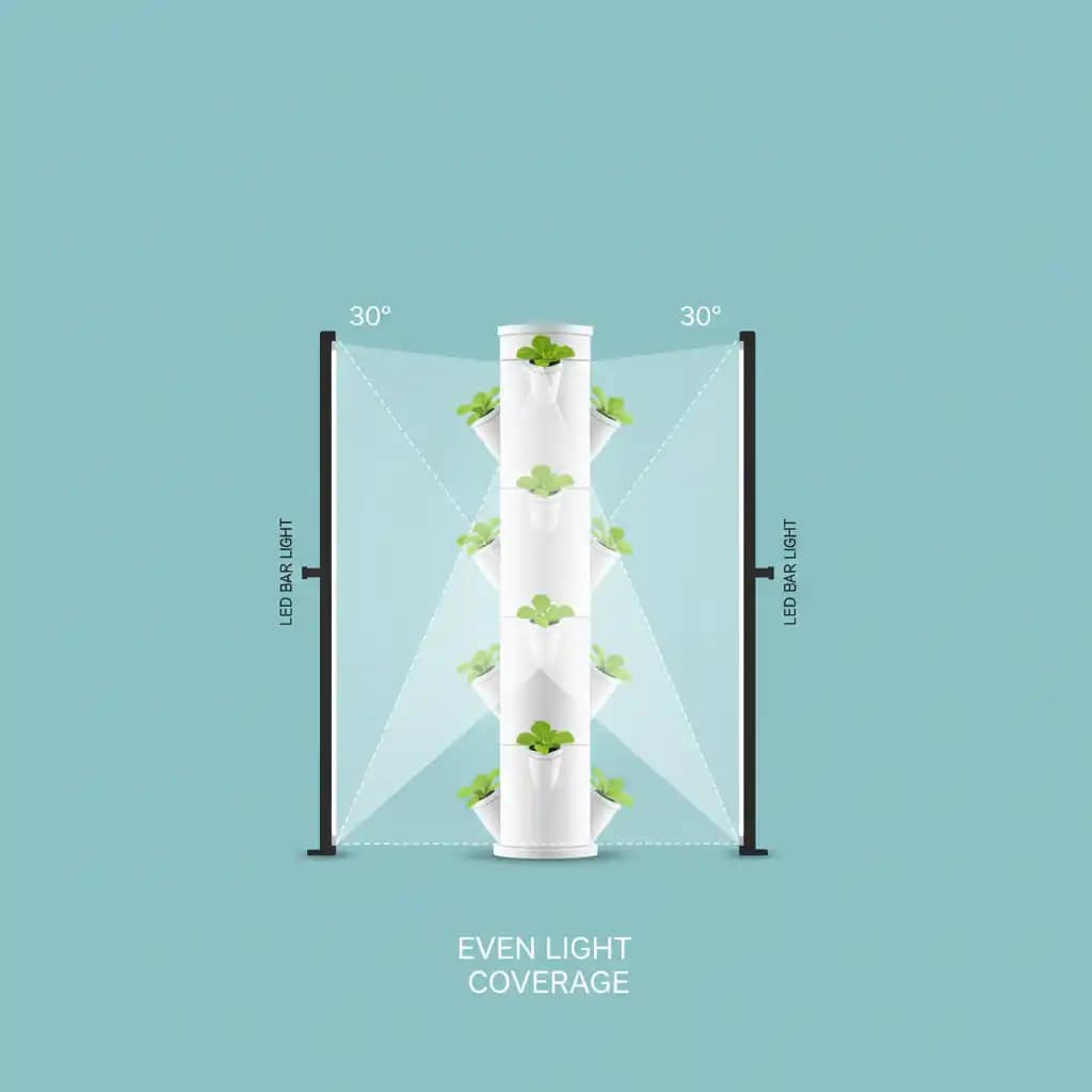 Diagram showing how to angle LED grow lights at 30 degrees with 50% overlap for even coverage on a vertical hydroponic tower.