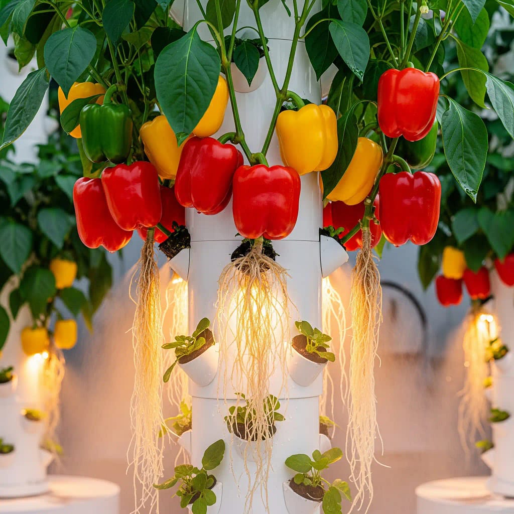 A photo of multiple healthy pepper plants with numerous bright red and yellow peppers, cultivated in a vertical aeroponic system, with roots dangling in a misted chamber.