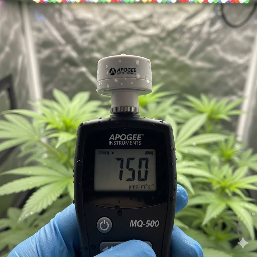A close-up of an Apogee MQ-500 PAR meter, demonstrating the professional-grade tool used to measure light intensity in a grow tent.