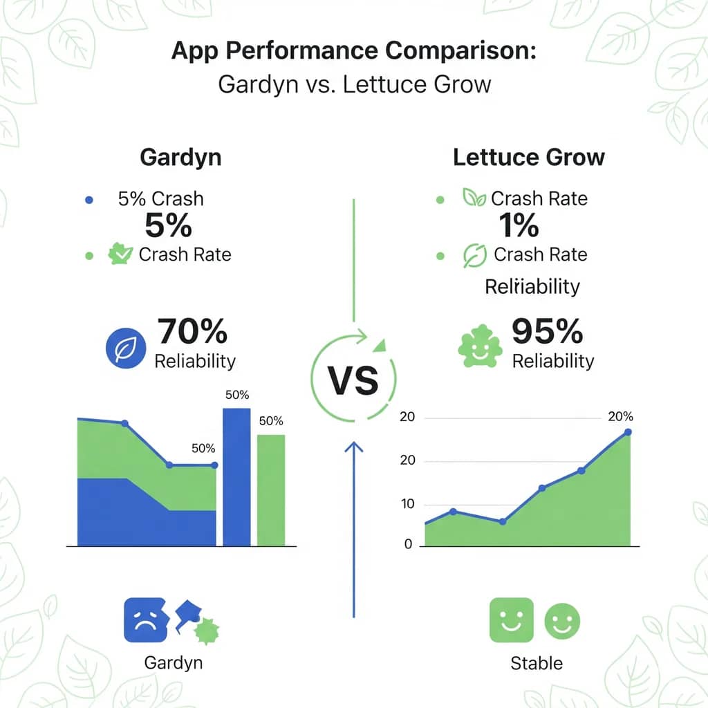 An infographic illustrating the difference in app crash rates and reliability between the Gardyn and Lettuce Grow systems.