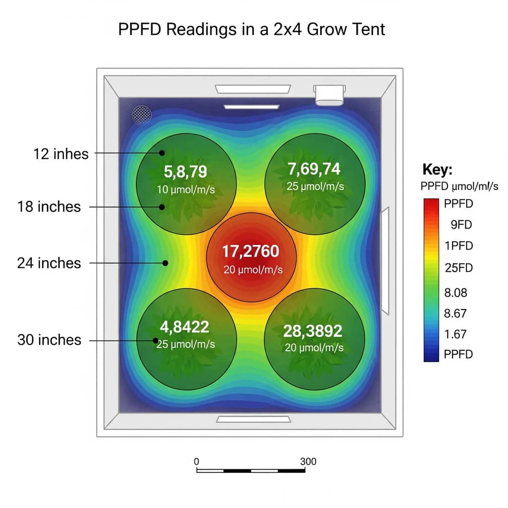 An overhead map of a 2x4 grow tent showing the PPFD readings at the center and edges of the plant canopy at various light hanging heights.