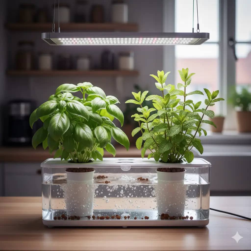 A side-by-side view of a thriving hydroponic basil plant and a mint plant in the same system.