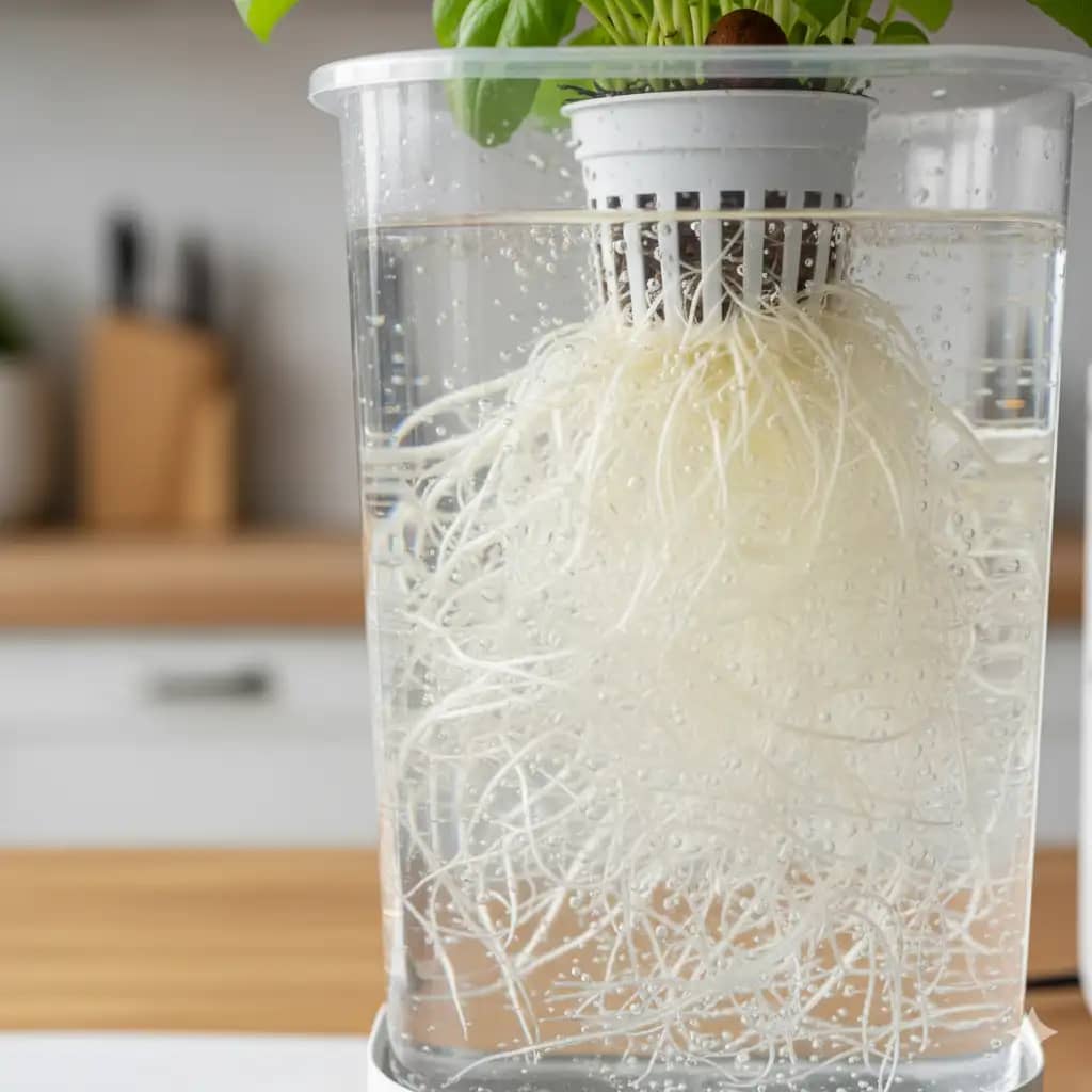 A close-up of healthy, white roots from a hydroponic herb plant, showcasing the clean root system.