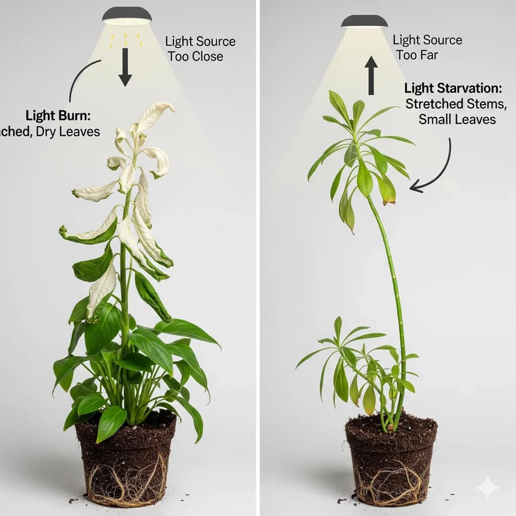 A visual guide showing the difference between a plant with light burn (bleached leaves) and one with light starvation (stretching), caused by incorrect light distance.