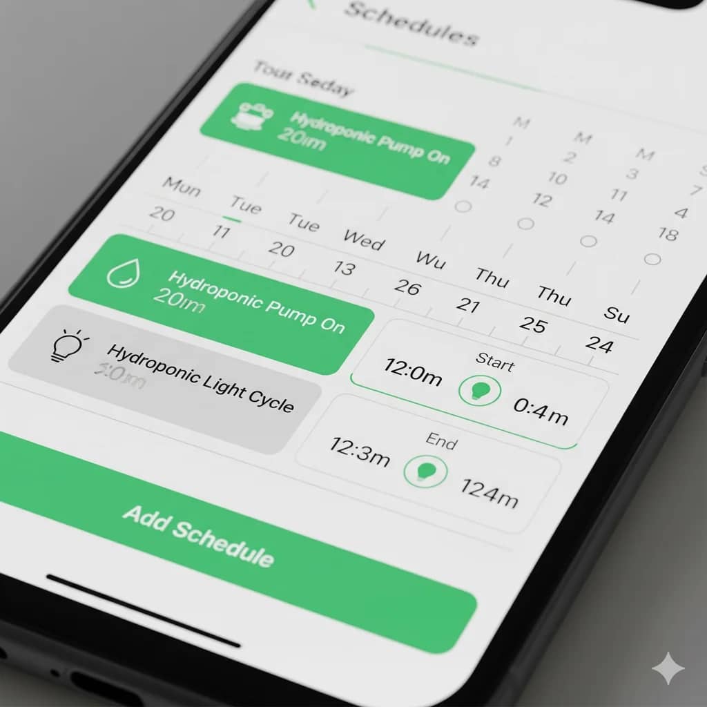 A close-up of a smartphone screen showing the programming interface for a smart plug, highlighting the ease of setting up a schedule for a hydroponic pump or light.