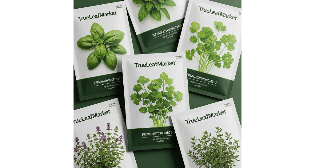 A collage of high-quality seed packets from a specialized supplier like TrueLeafMarket, highlighting premium seeds for a hydroponic herb garden.