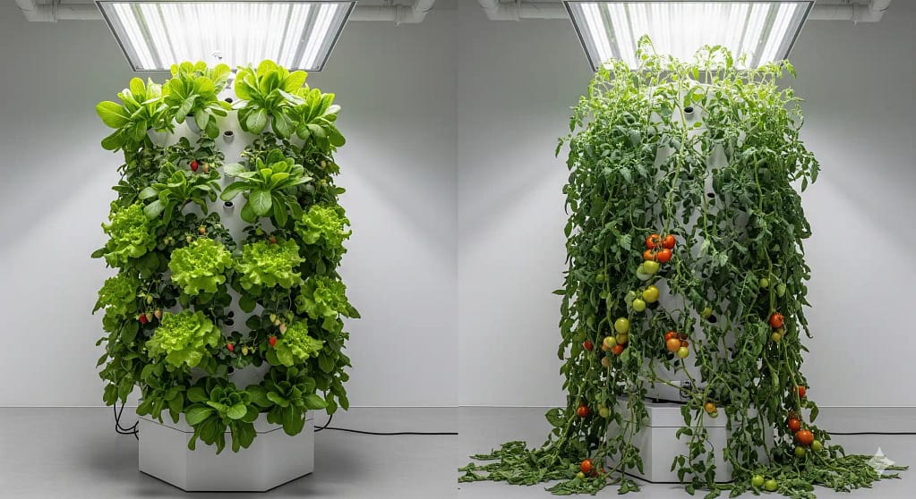 A side-by-side comparison of two vertical hydroponic towers. The tower on the left is filled with healthy, vibrant lettuce and strawberries, looking lush and stable. The tower on the right is filled with heavy, mature tomato plants, which are causing the tower to bow and lean.