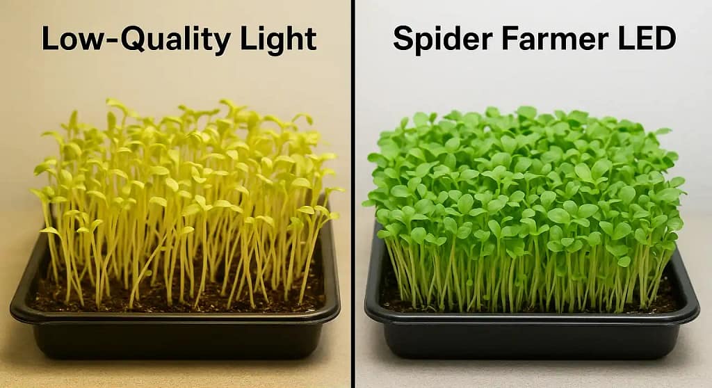 Microgreens under bad light vs good light comparison | best LED grow light spectrum for flavor