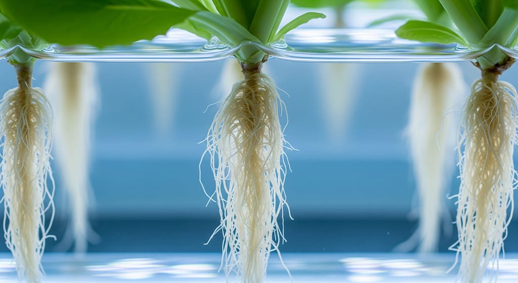 Plant roots suspended in nutrient-rich water