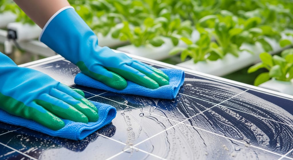 Hands wiping dust off solar panel