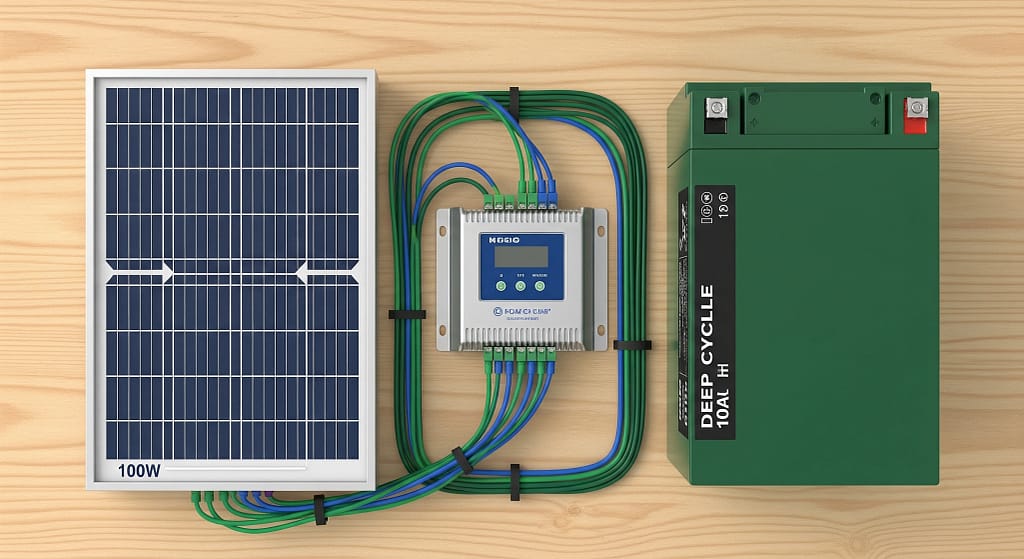 Solar panel, battery and controller for hydroponics