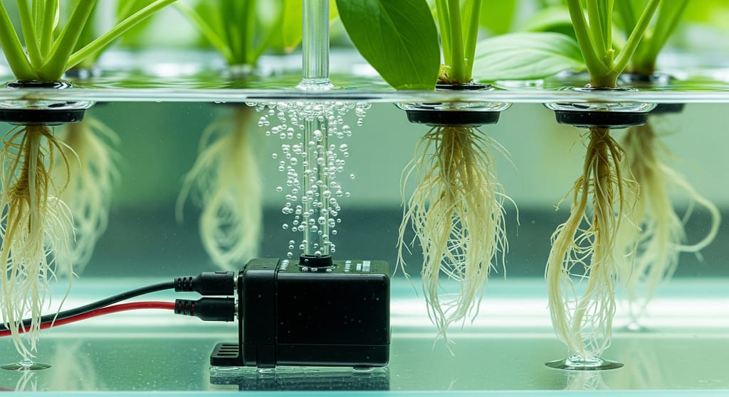 Submersible solar pump in hydroponic reservoir