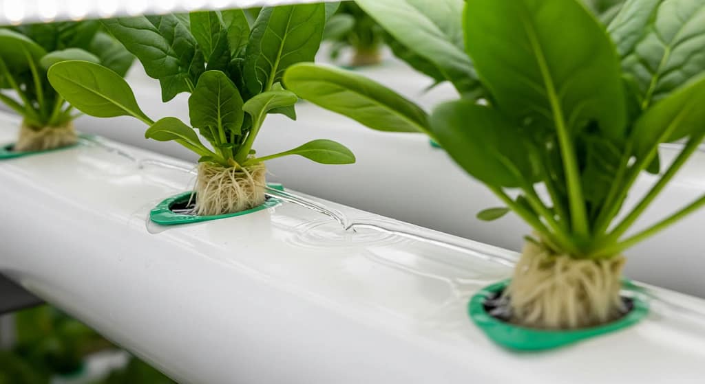 A visual comparison of a DWC setup with floating lettuce plants and an NFT system with channels of spinach plants.