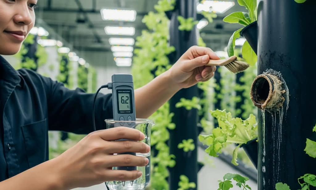 A person is performing maintenance on a vertical hydroponic system. They are holding a digital pH meter in one hand, submerged in a beaker of water, and a cleaning brush in the other, which is near a clogged nozzle on a black vertical pipe.